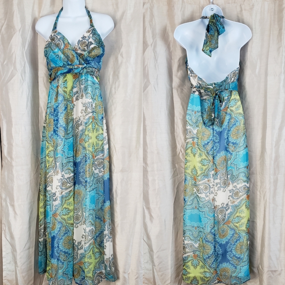 NWOT Roulette blue &green halter maxi dress 8